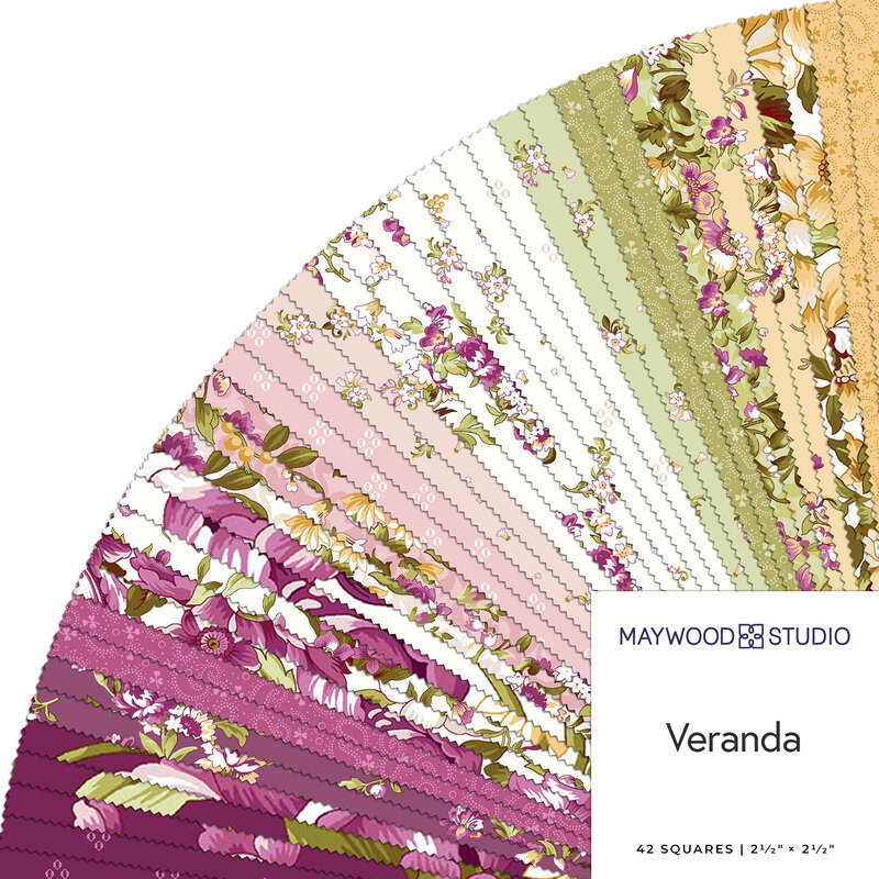 Fanned out collage of fabrics in the collection in magenta, pink, goldenrod, grass green, and white with traditional, ornate floral designs