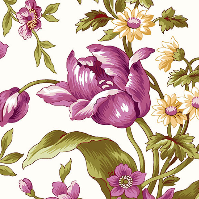 White fabric with a vintage pattern of magenta tulips and peonies, yellow daisies, and yellow-green leaves