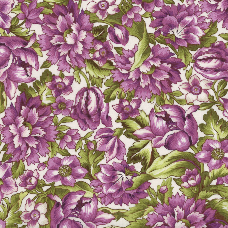 White fabric with a dense overlapping pattern of deep magenta peonies and tulips and olive green leaves