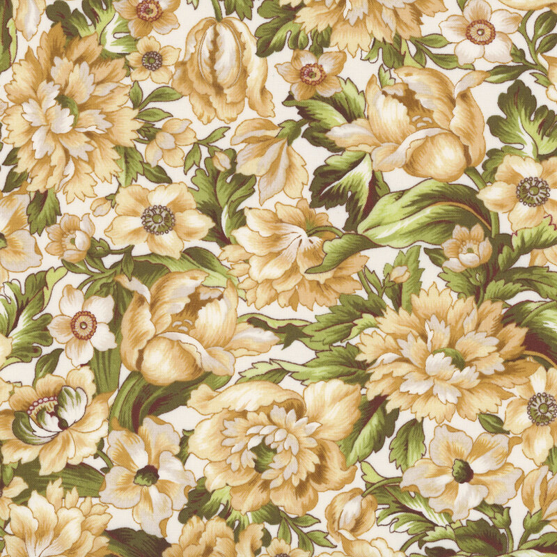 White fabric with a dense overlapping pattern of light goldenrod peonies and tulips and olive green leaves