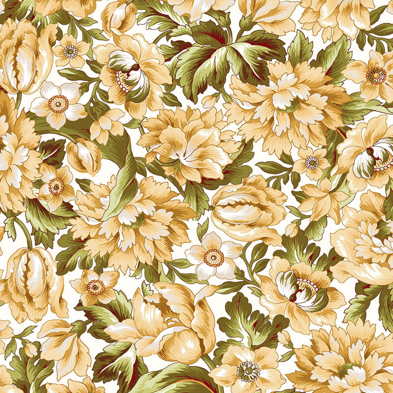 White fabric with a dense overlapping pattern of light goldenrod peonies and tulips and olive green leaves
