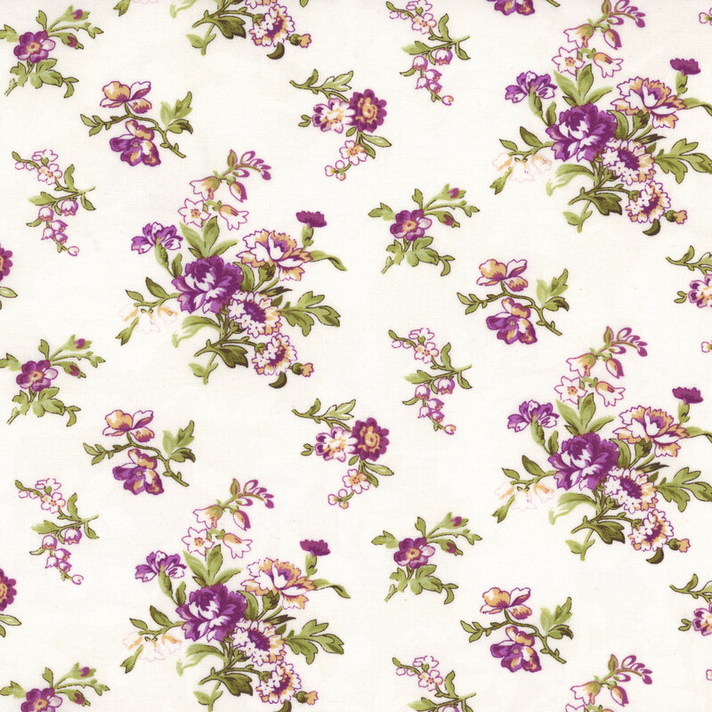 Off white fabric with ornamental bunches of magenta and pastel yellow florals with light green leaves