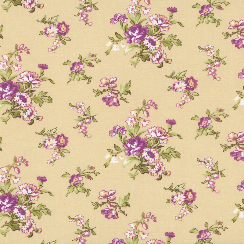 Light goldenrod yellow fabric with with ornamental bunches of magenta and pastel yellow florals with light green leaves