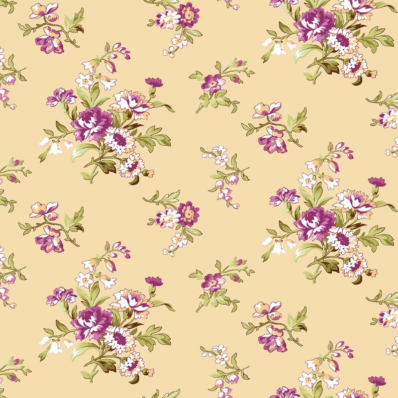 Light goldenrod yellow fabric with with ornamental bunches of magenta and pastel yellow florals with light green leaves