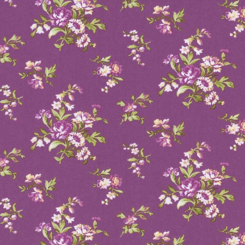 Dark magenta fabric with with ornamental bunches of magenta and pastel yellow florals with light green leaves