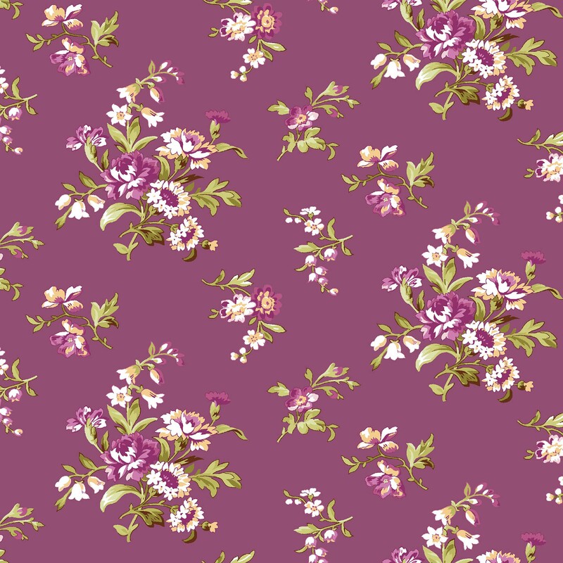 Dark mauve fabric with with ornamental bunches of magenta and pastel yellow florals with light green leaves