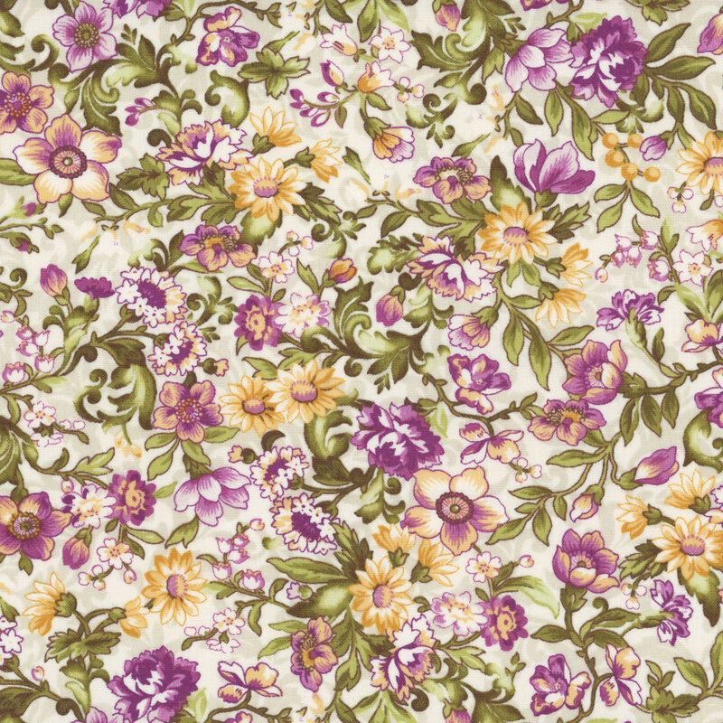 Cream fabric with beige accents and magenta and pale gold floral overlay