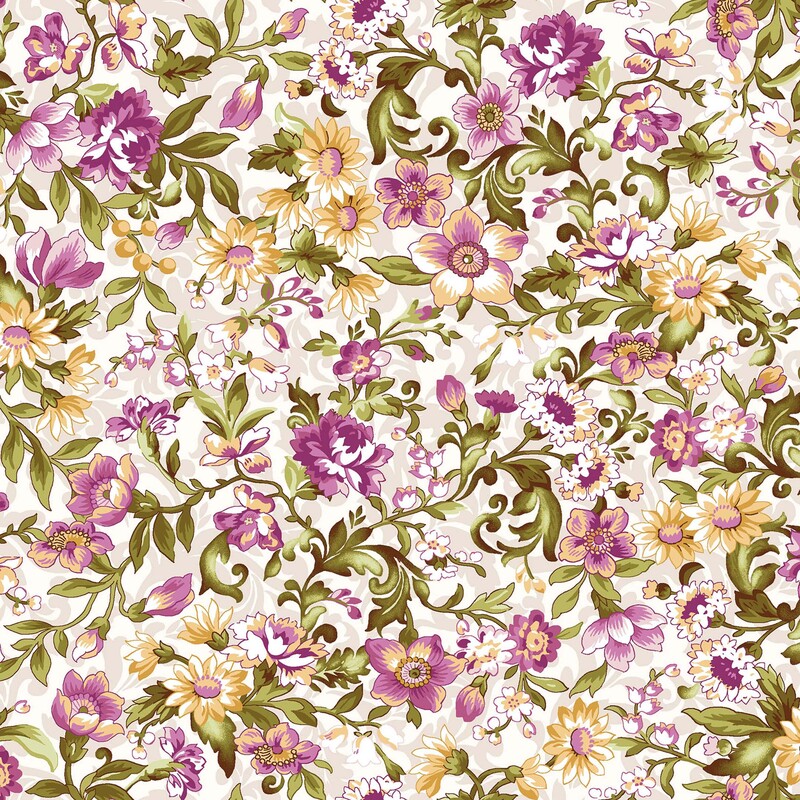 Cream fabric with beige accents and magenta and pale gold floral overlay
