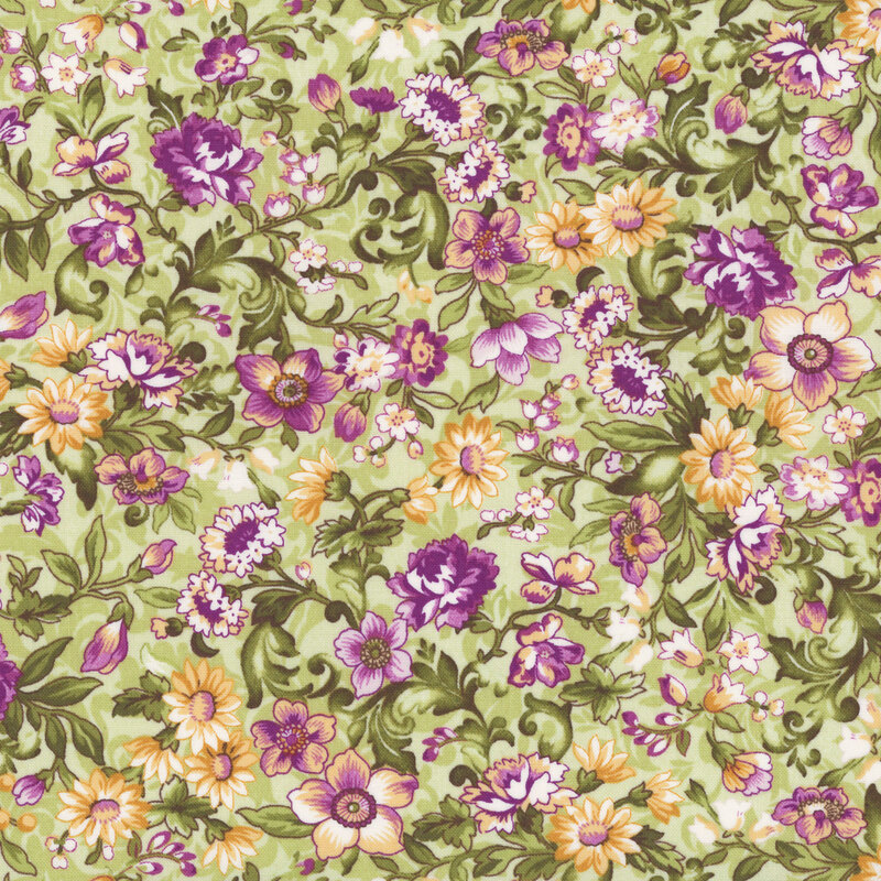 Apple green fabric with tonal accents and white, magenta, and pale gold floral overlay