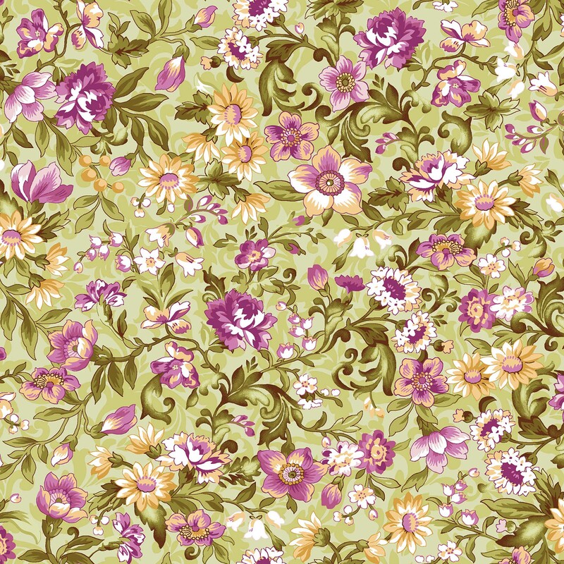 Apple green fabric with tonal accents and white, magenta, and pale gold floral overlay