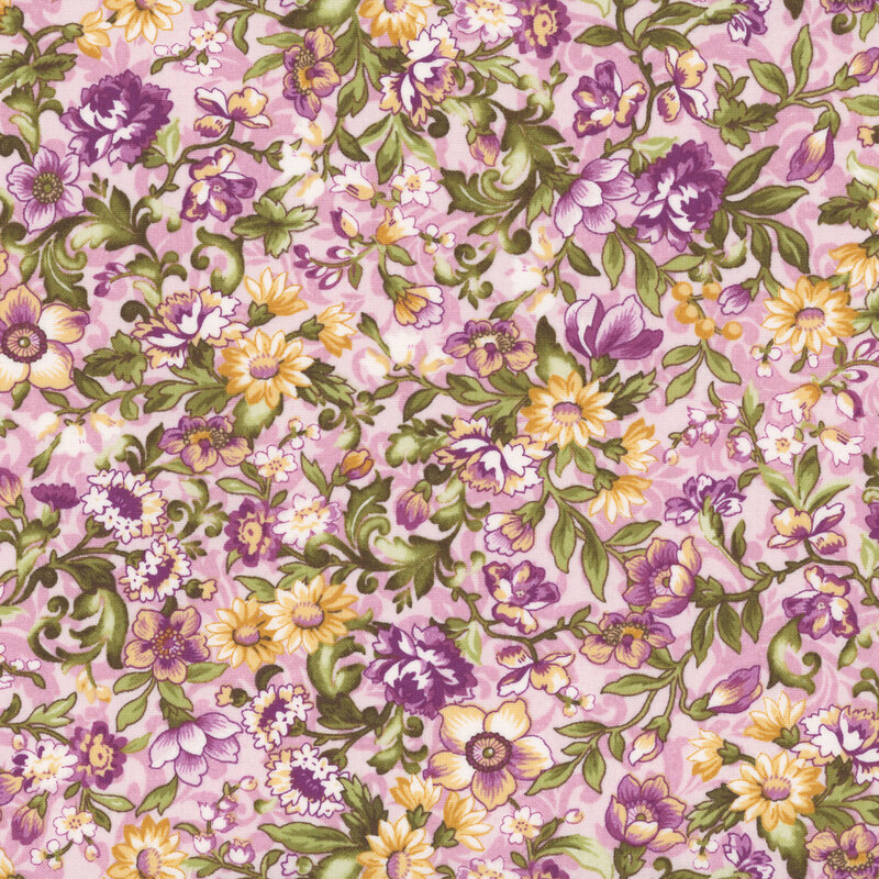 Dusty rose fabric with tonal accents and white, magenta, and pale gold floral overlay
