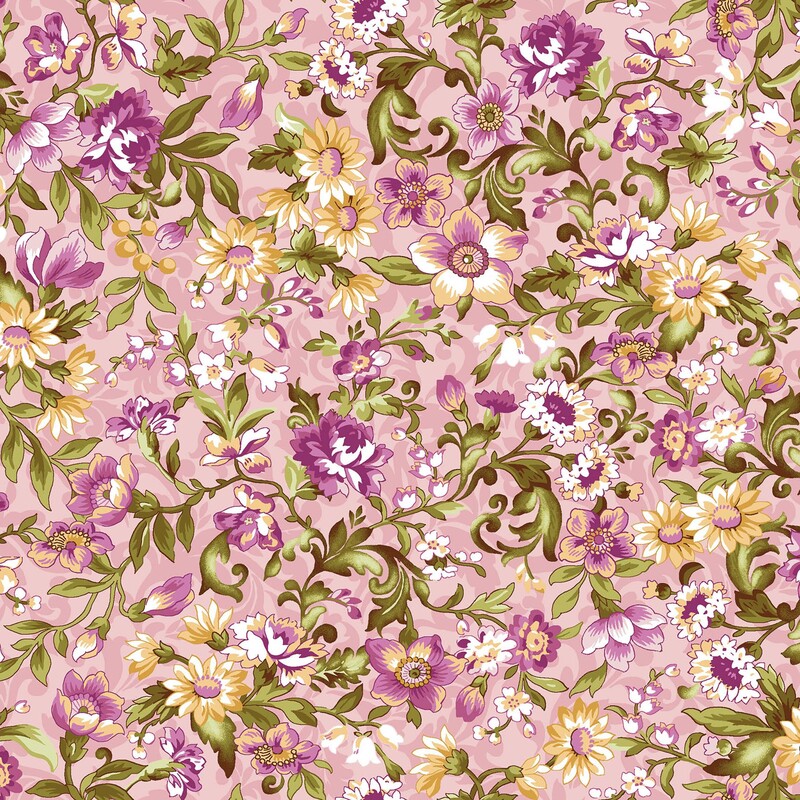 Dusty rose fabric with tonal accents and white, magenta, and pale gold floral overlay