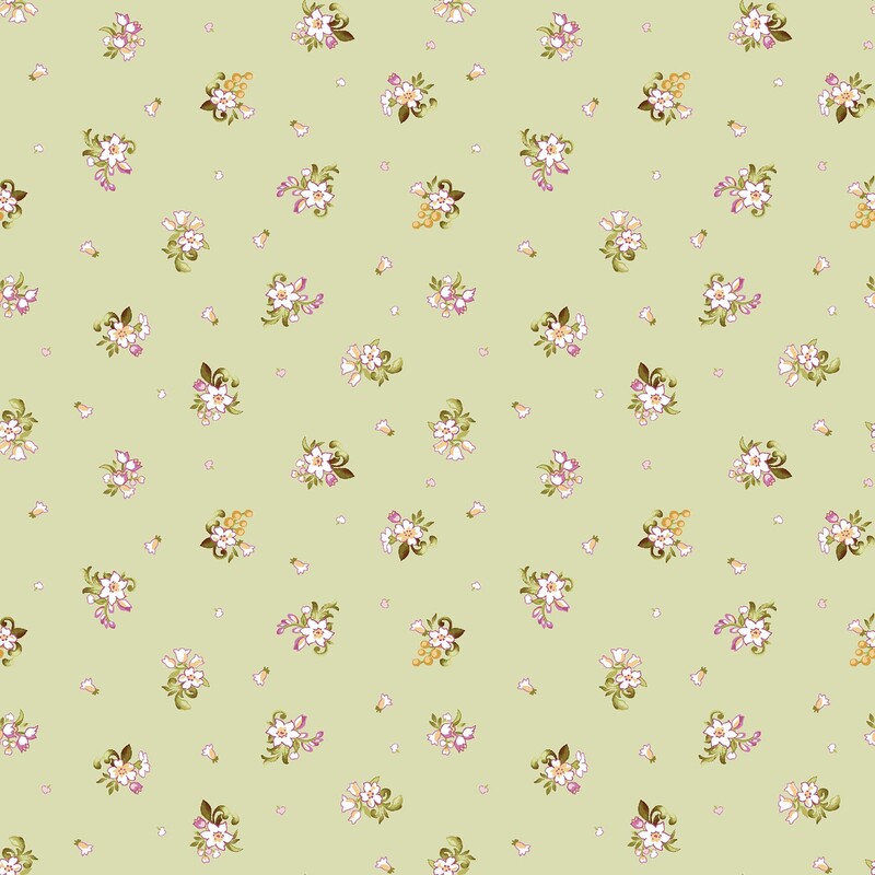 Apple green fabric with a ditsy pattern of small white floral bunches