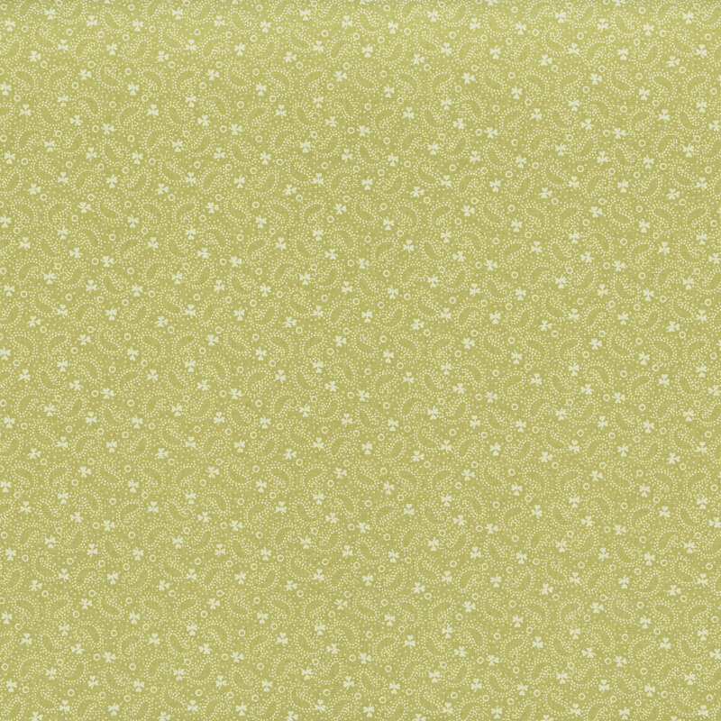 Light olive green fabric with a cream, dotted boteh and leaf pattern