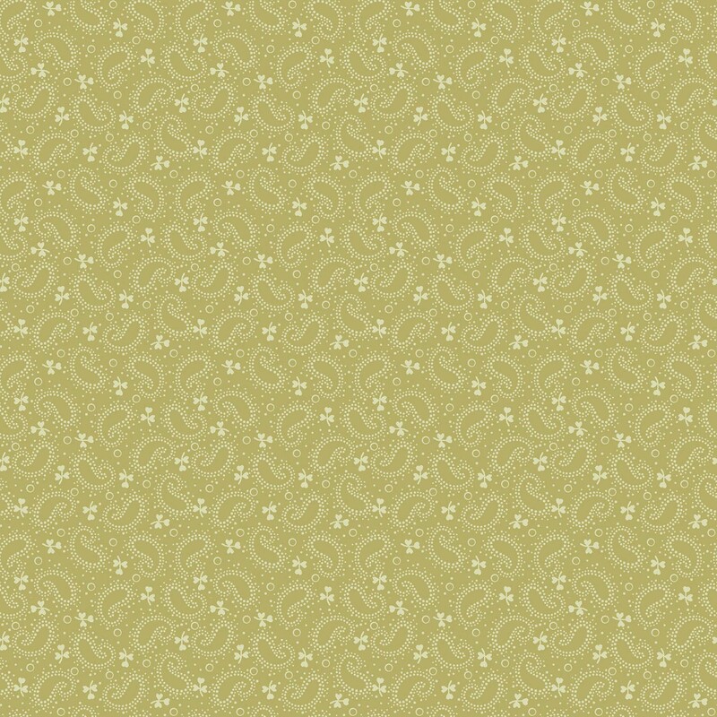 Khaki green fabric with a cream, dotted boteh and leaf pattern