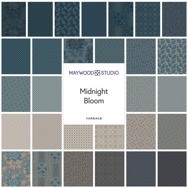 Collage of vintage floral inspired fabrics in navy, muted turquoise, and putty gray