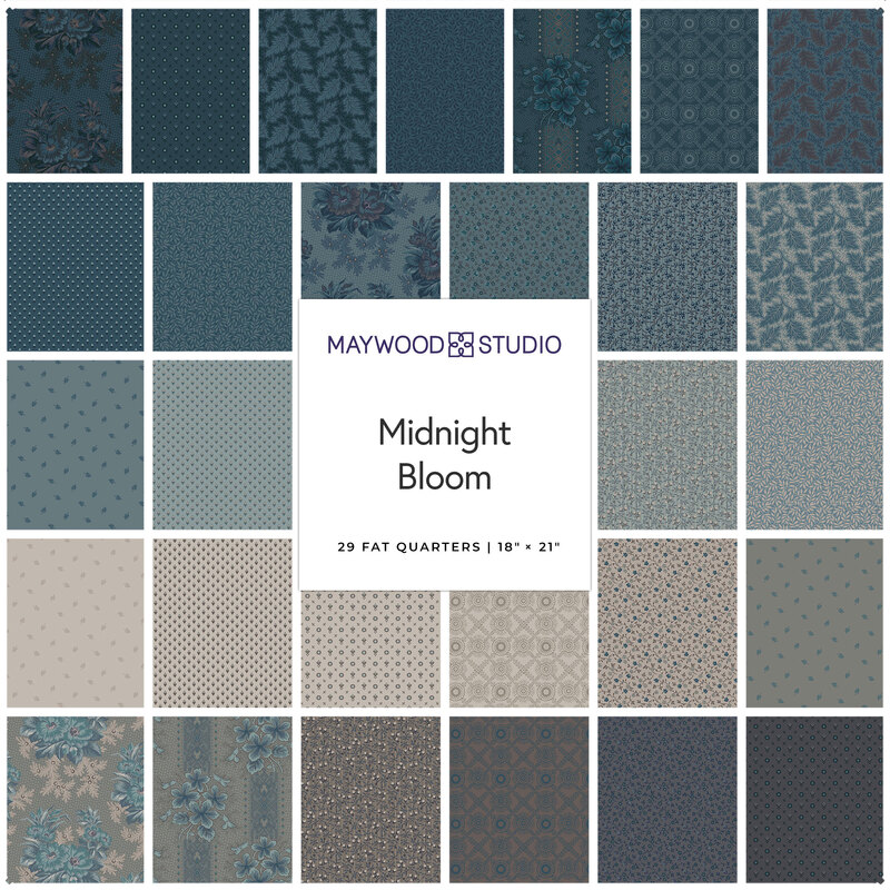 Collage of vintage floral inspired fabrics in navy, muted turquoise, and putty gray
