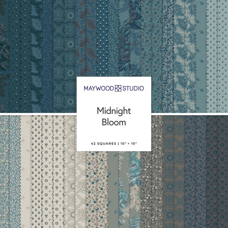 Collage of vintage floral inspired fabrics in navy, muted turquoise, and putty gray