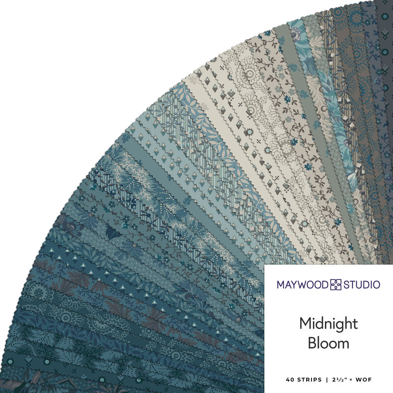 Fanned out collage of vintage floral inspired fabrics in navy, muted turquoise, and putty gray