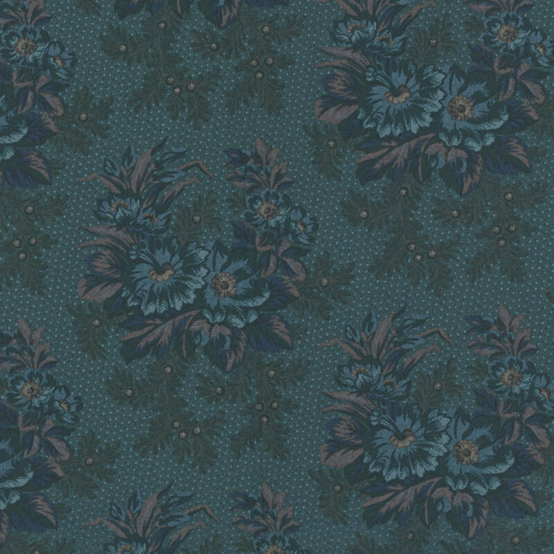 Dark teal blue fabric with light blue and indigo dots, and a tonal clustered floral design