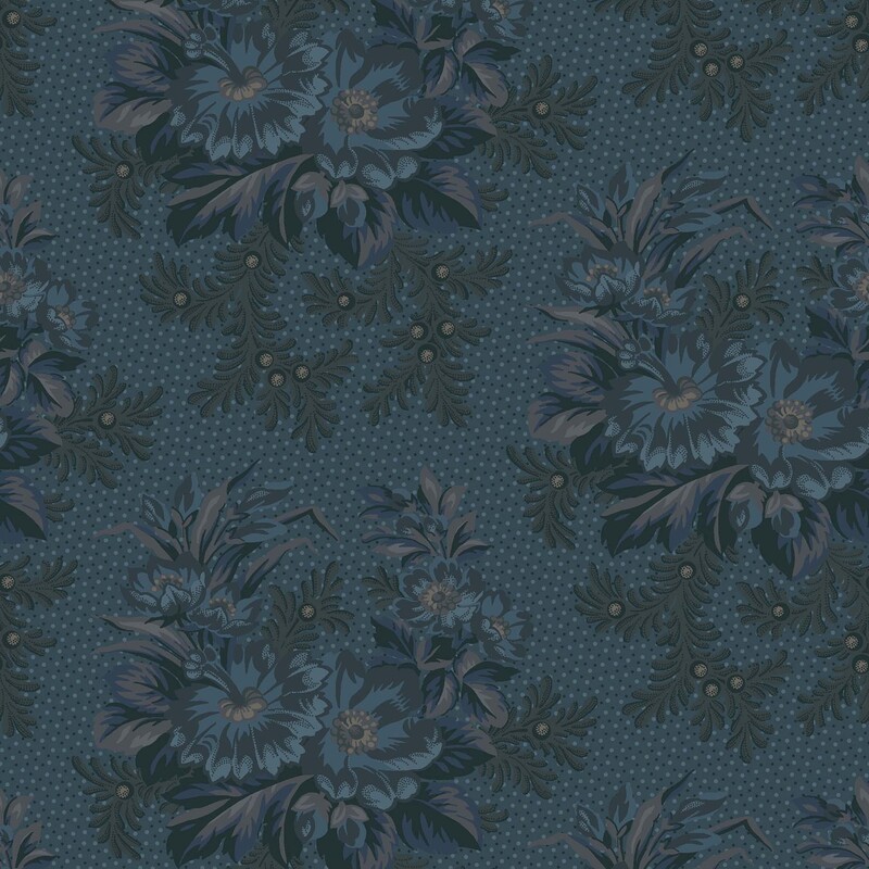 Dark teal blue fabric with light blue and indigo dots, and a tonal clustered floral design