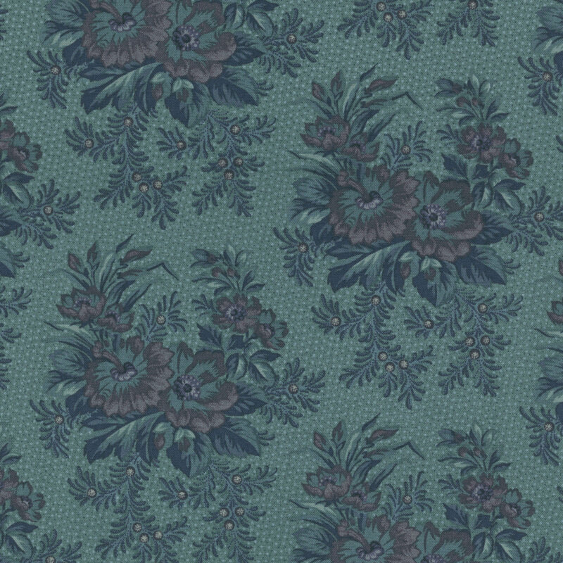 medium teal blue fabric with light blue and navy dots, and a mid-tone blue clustered floral design