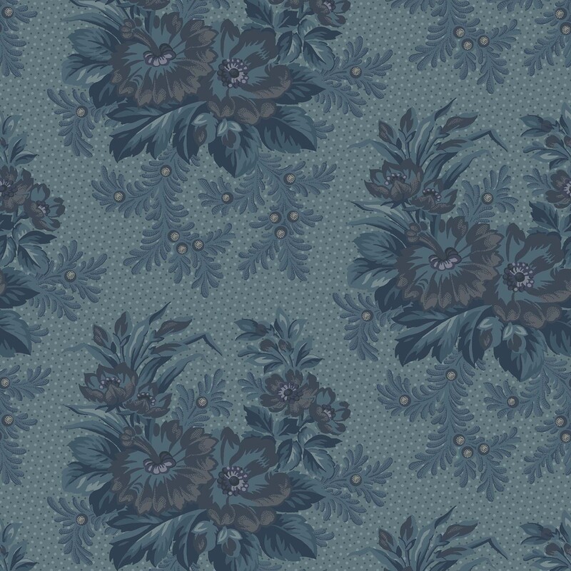 Muted teal blue fabric with light blue and navy dots, and a mid-tone blue clustered floral design