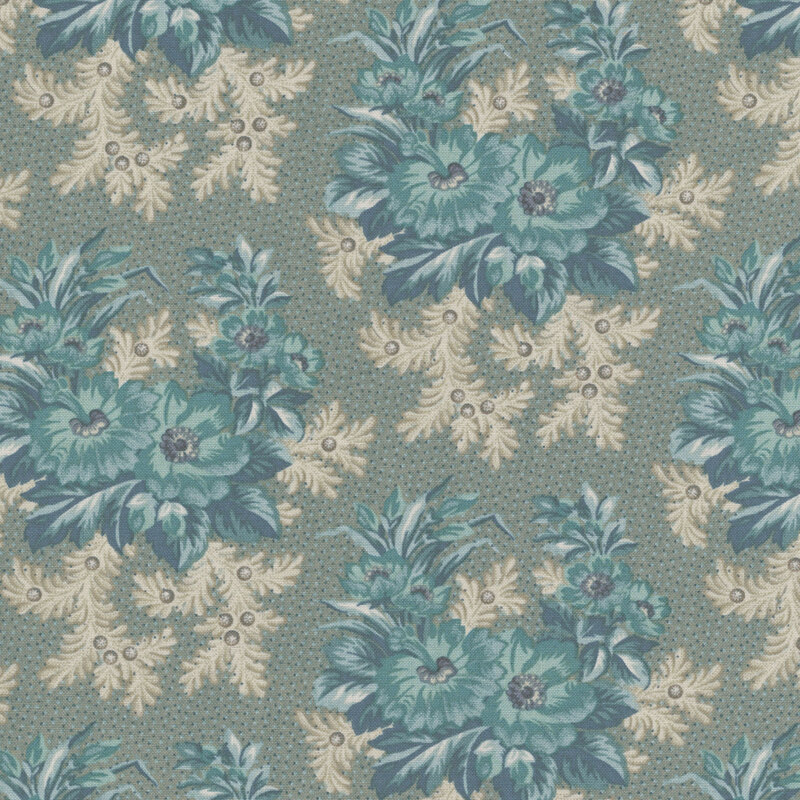 Dolphin gray fabric with light blue and navy dots, and a muted teal clustered floral design