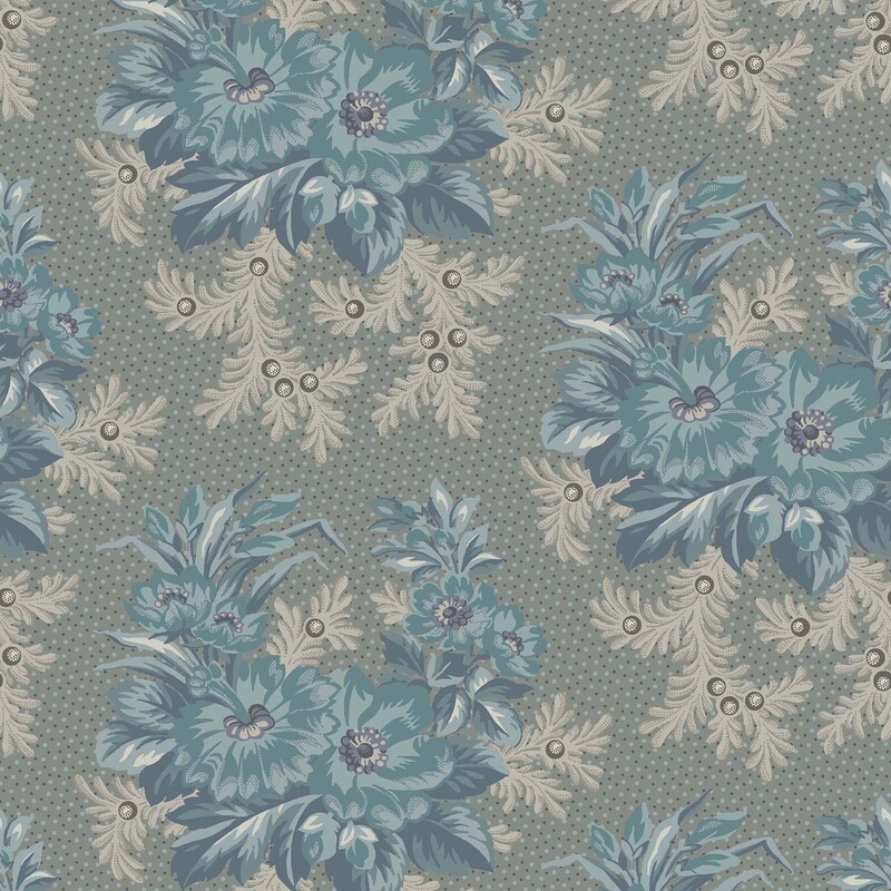 Dolphin gray fabric with light blue and navy dots, and a muted teal clustered floral design