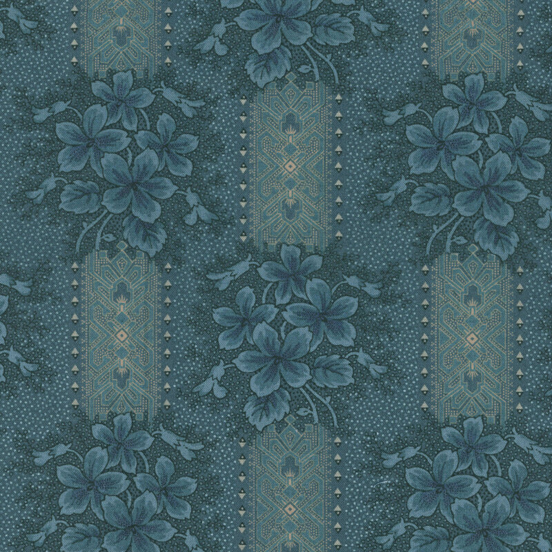 Dark teal fabric with a tonal dotted texture, greige ornamental stripes, and teal floral clusters 