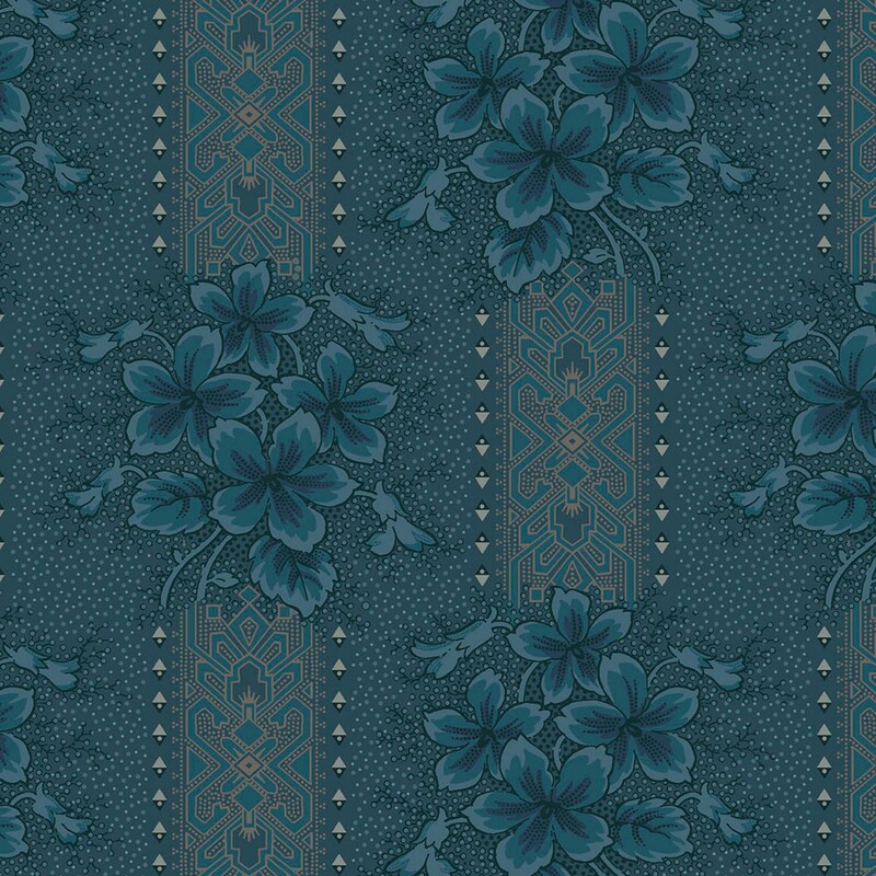 Dark teal fabric with a tonal dotted texture, brassy yellow ornamental stripes, and teal floral clusters 