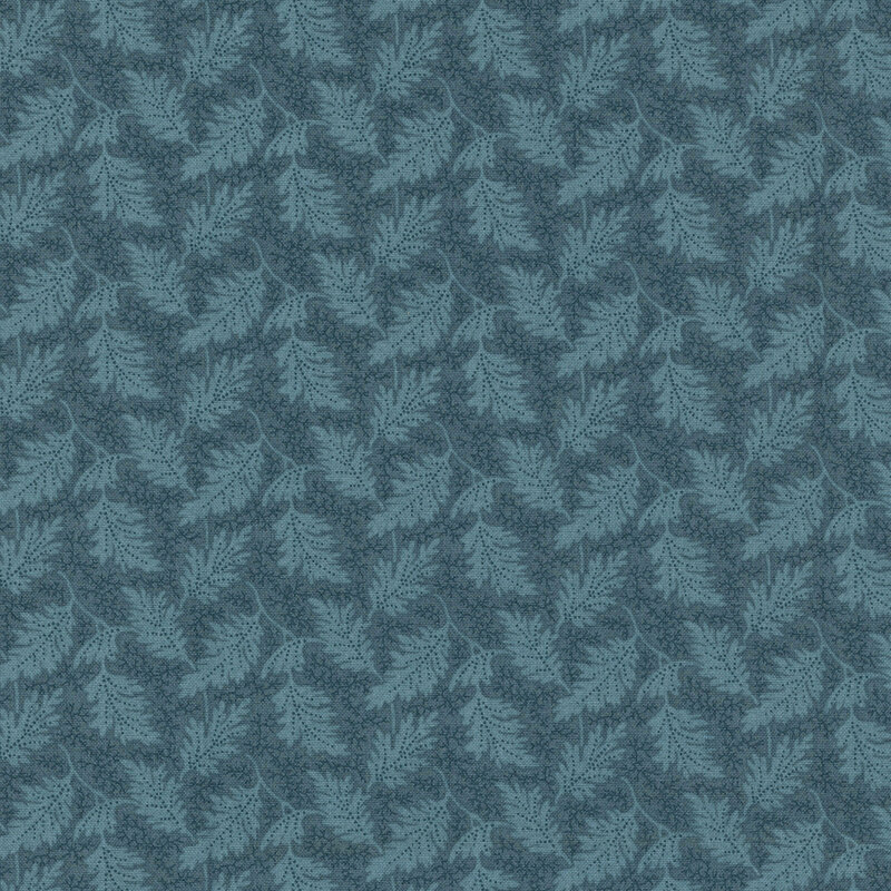 blue gray fabric with a pattern of indigo blue abstract lines, indigo dots, and teal leaves