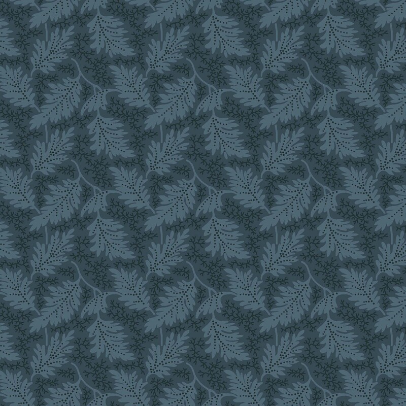Dark teal fabric with a pattern of indigo blue abstract lines, indigo dots, and gray-blue leaves
