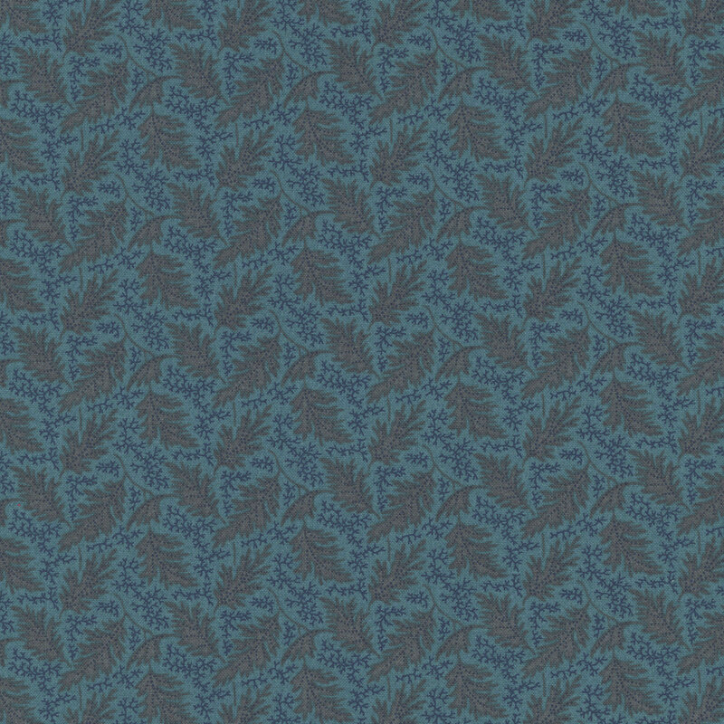 teal fabric with a pattern of navy blue abstract lines, blue dots, and gray-brown leaves