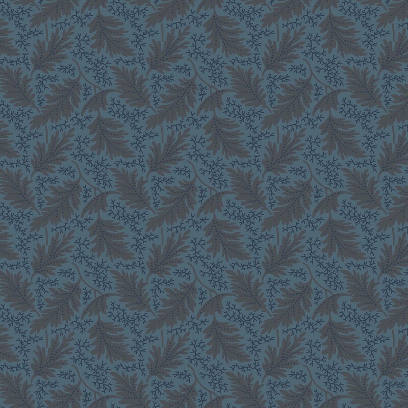 Teal fabric with a pattern of navy blue abstract lines, blue dots, and gray-brown leaves