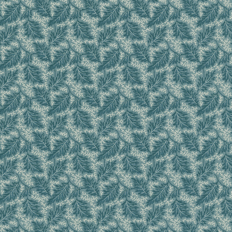 Cadet blue fabric with a pattern of cream-colored abstract lines, cream dots, and teal leaves