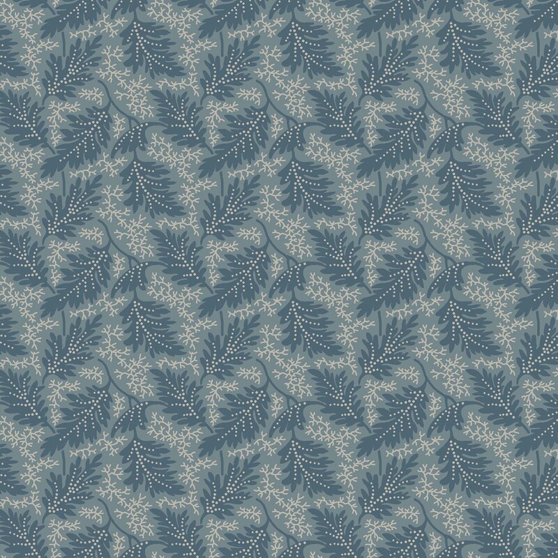 Cadet blue fabric with a pattern of cream-colored abstract lines, cream dots, and teal leaves