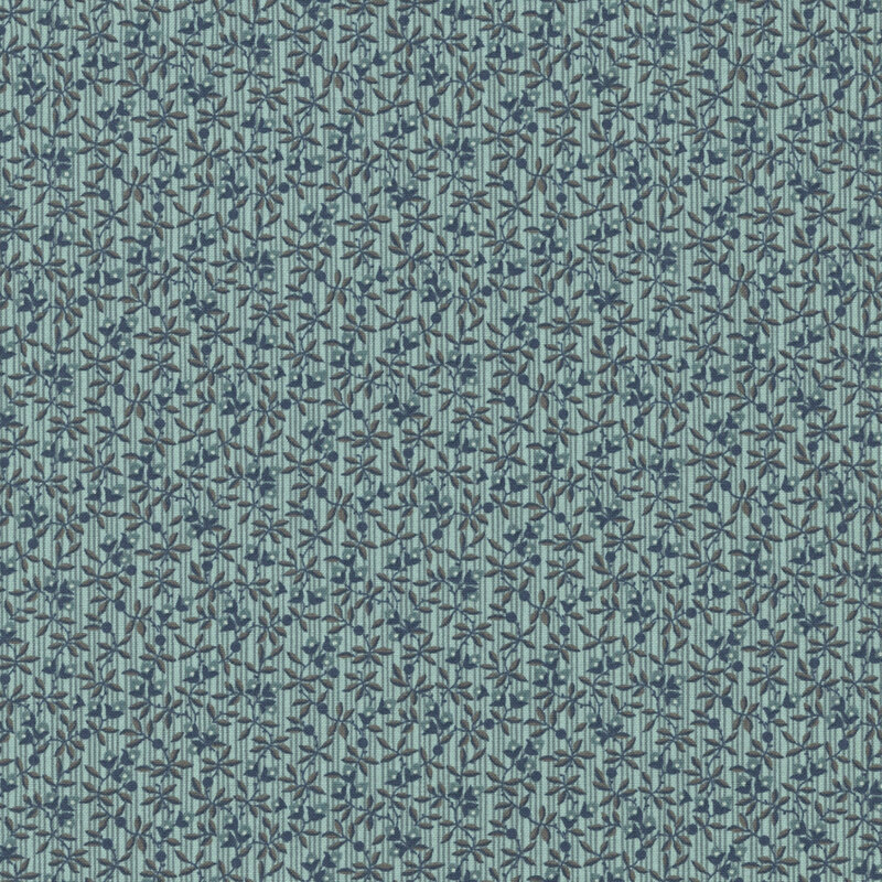 Muted teal fabric with light turquoise stripes, gray and black vines and small teal and cream flowers