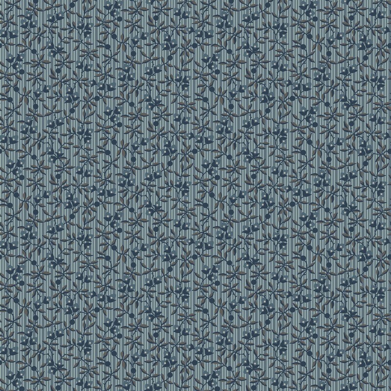 Muted teal fabric with light turquoise stripes, gray and black vines and small teal and cream flowers