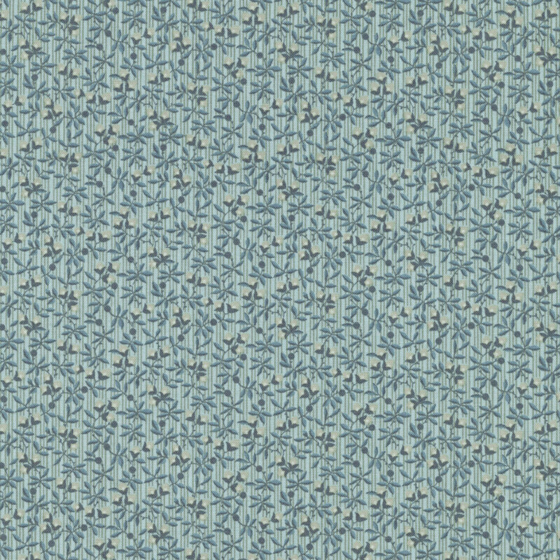 Muted aquamarine fabric with gray stripes, gray and teal vines and small cream flowers
