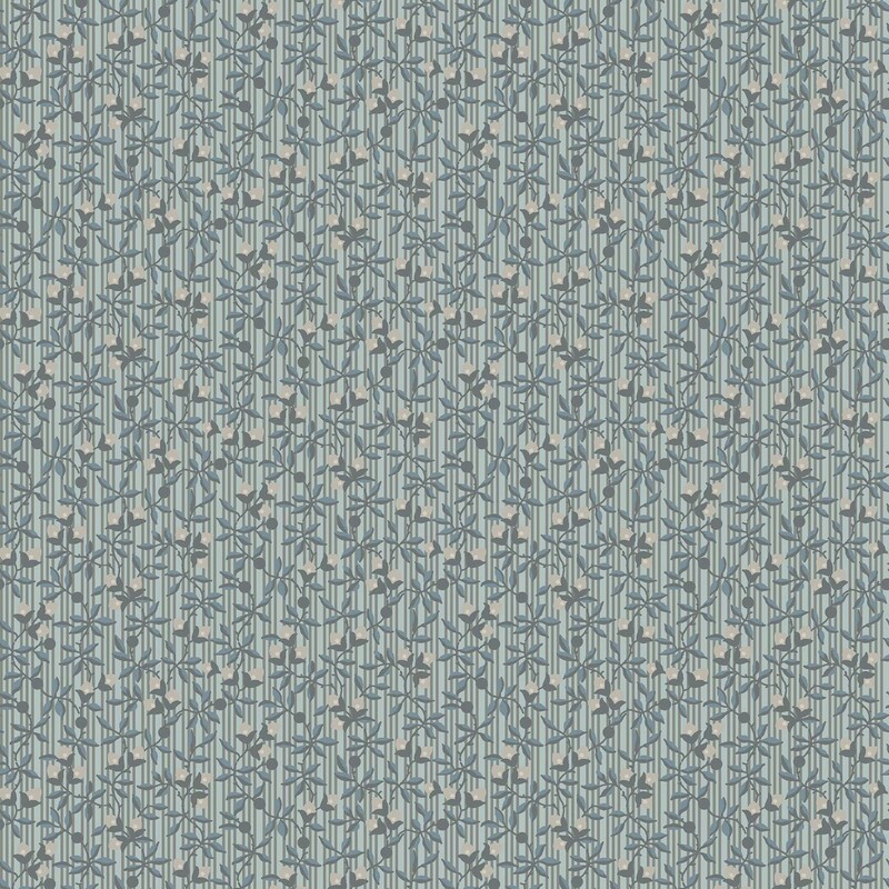 Muted aquamarine fabric with gray stripes, gray and teal vines and small cream flowers