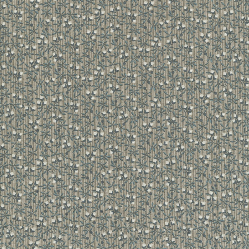 Taupe gray fabric with gray stripes, gray and teal vines and small cream flowers