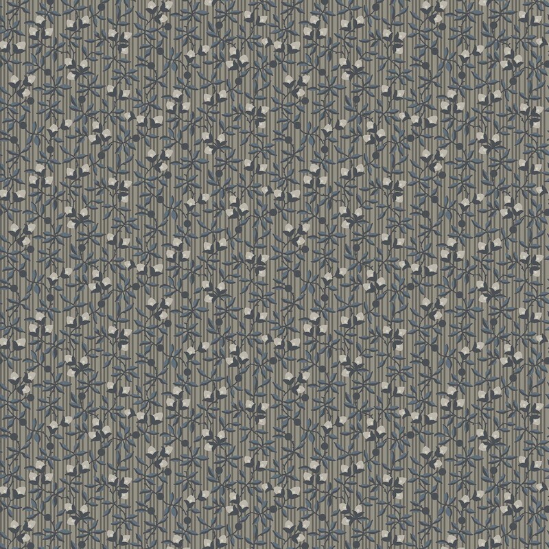 Taupe gray fabric with gray stripes, gray and teal vines and small cream flowers