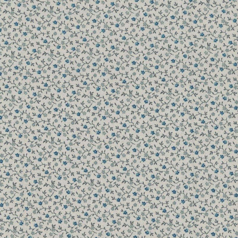 Light gray fabric with dark gray vines, light gray, and blue florals