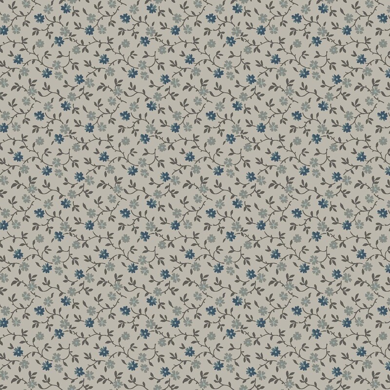 Light gray fabric with dark gray vines, light gray, and blue florals