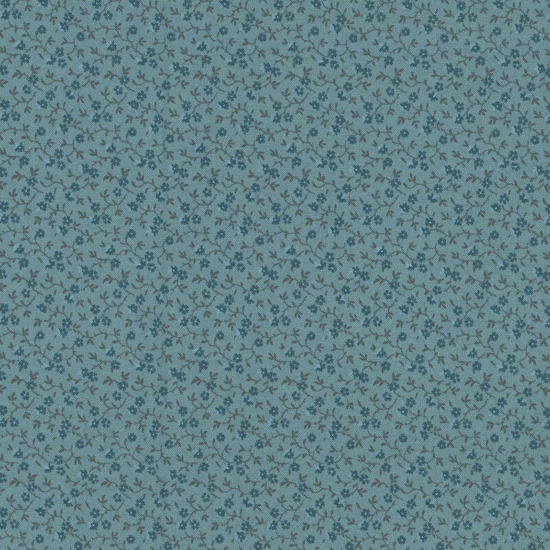 Teal blue fabric with dark gray vines, indigo, and blue florals