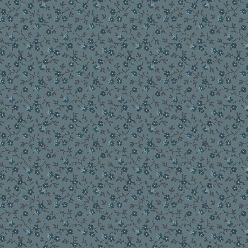 Teal blue fabric with dark gray vines, indigo, and blue florals