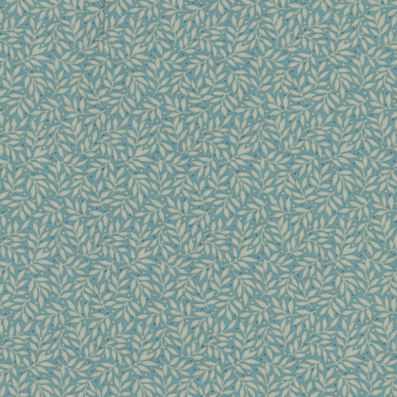 muted turquoise fabric with an all over pattern of taupe vines and small navy blue dots