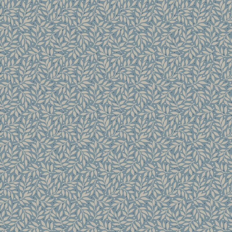 Steel blue fabric with an all over pattern of taupe vines and small navy blue dots