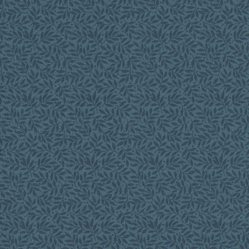 Dark navy fabric with an all over pattern of navy blue vines and small light blue dots